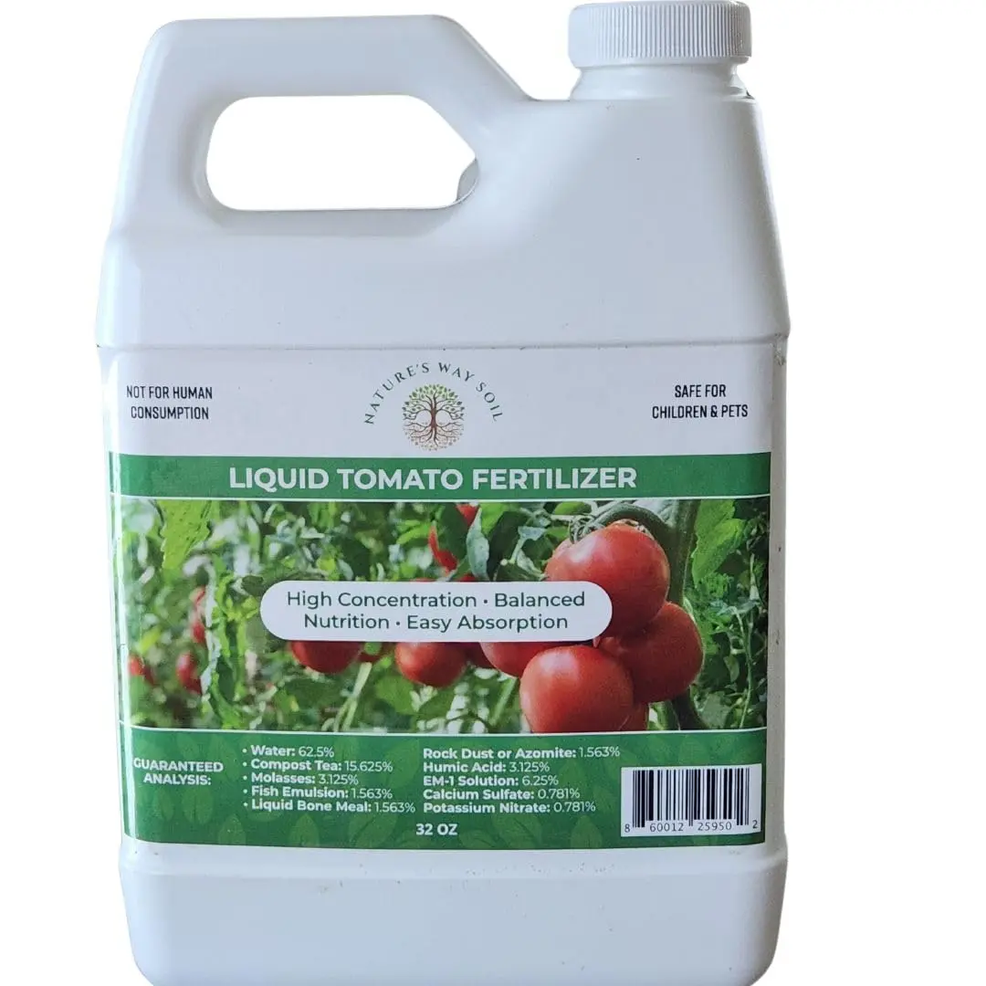 Nature's Way Soil Organic Tomato Liquid Fertilizer – Made Fresh Weekly- Concentrate/Includes Vitamin B-1 and Aloe Vera for Faster Root Establishment, Healthier Transplants/Stops Blossom End Rot,