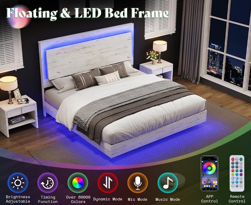 AMERLIFE Farmhouse Floating Bed Frame with Reclined Headboard, Platform Bed with LED Light, No Box Spring Needed/Unique Bedroom Furniture/Best Gift Ideas/Christmas Gifts