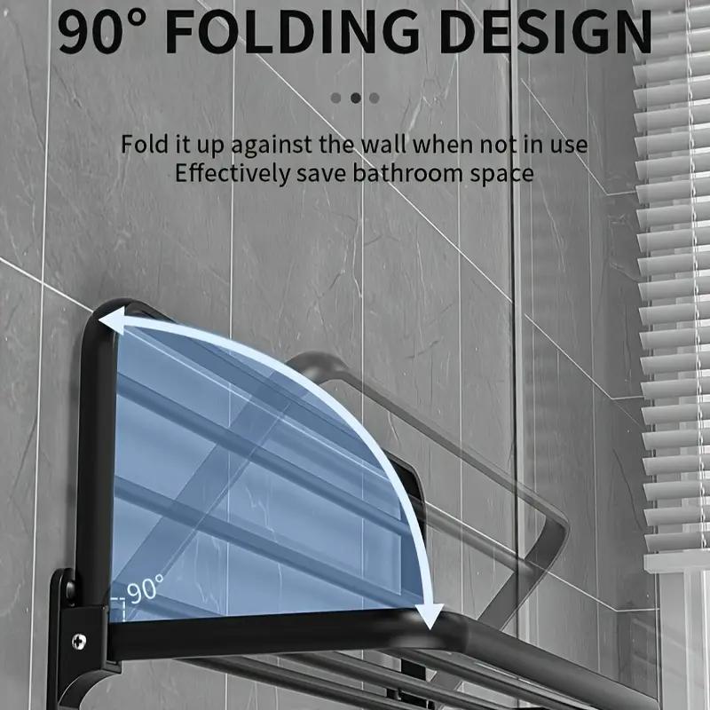 BEPATIO Foldable Wall-Mounted Aluminum Towel Rack Matte Black Bathroom Organizer with Double Bars & Hooks, Rustproof, Easy to Install, Sleek Design