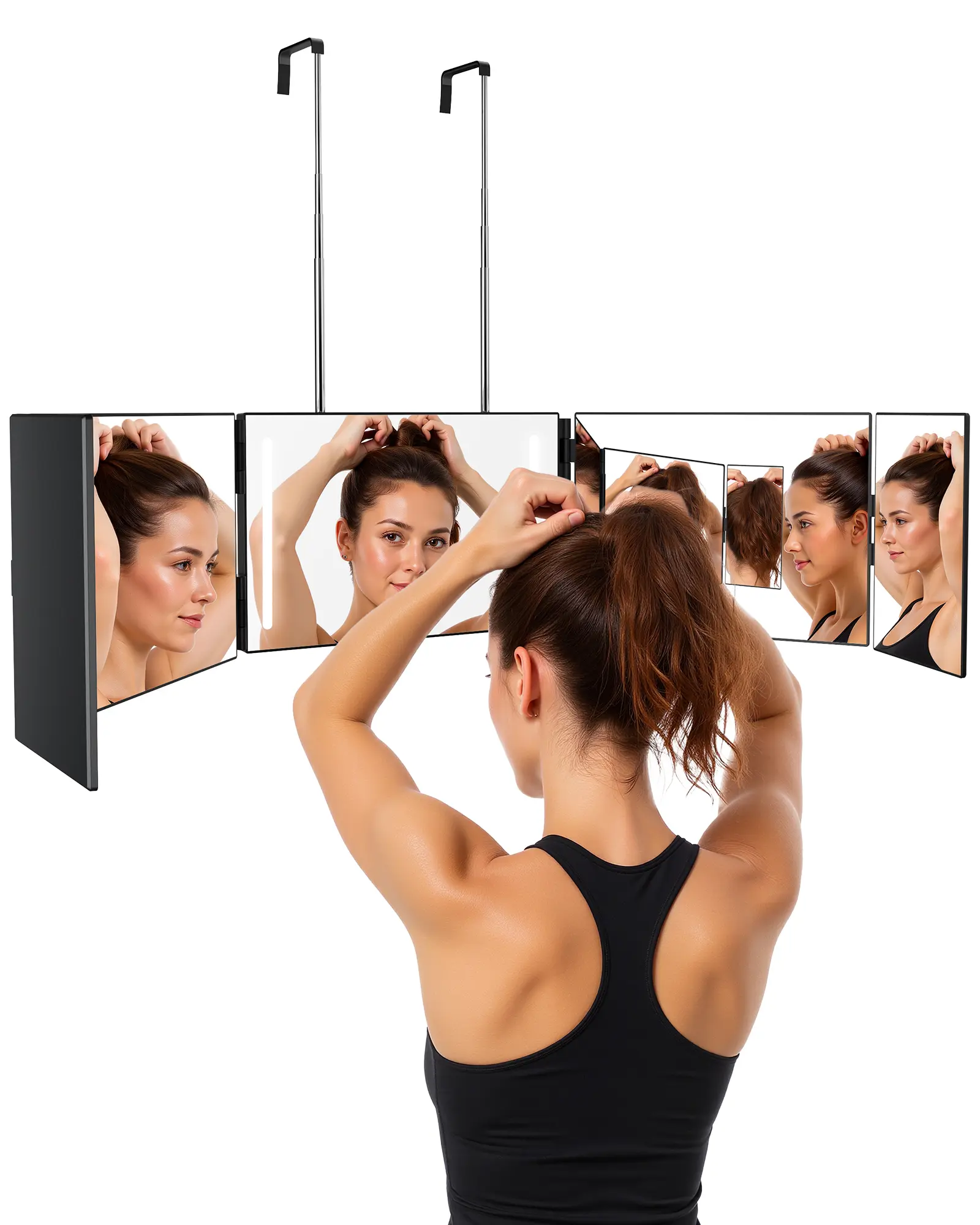JUSRON 360° 5 Way Mirror - Multi Angle Haircut Mirror for Men, Portable Folding Self Grooming Mirror with 5 Viewing Panels, Adjustable Hooks, LED & No Light Options