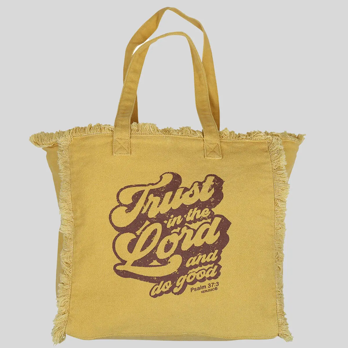 Women's Yellow Tote Bag in Cotton Canvas with Fringed Edge, Casual Christian Slogan Print & Top Handle, Multi-Compartment for Everyday Carry, Text Print, Zip Pocket, Zipper Pocket