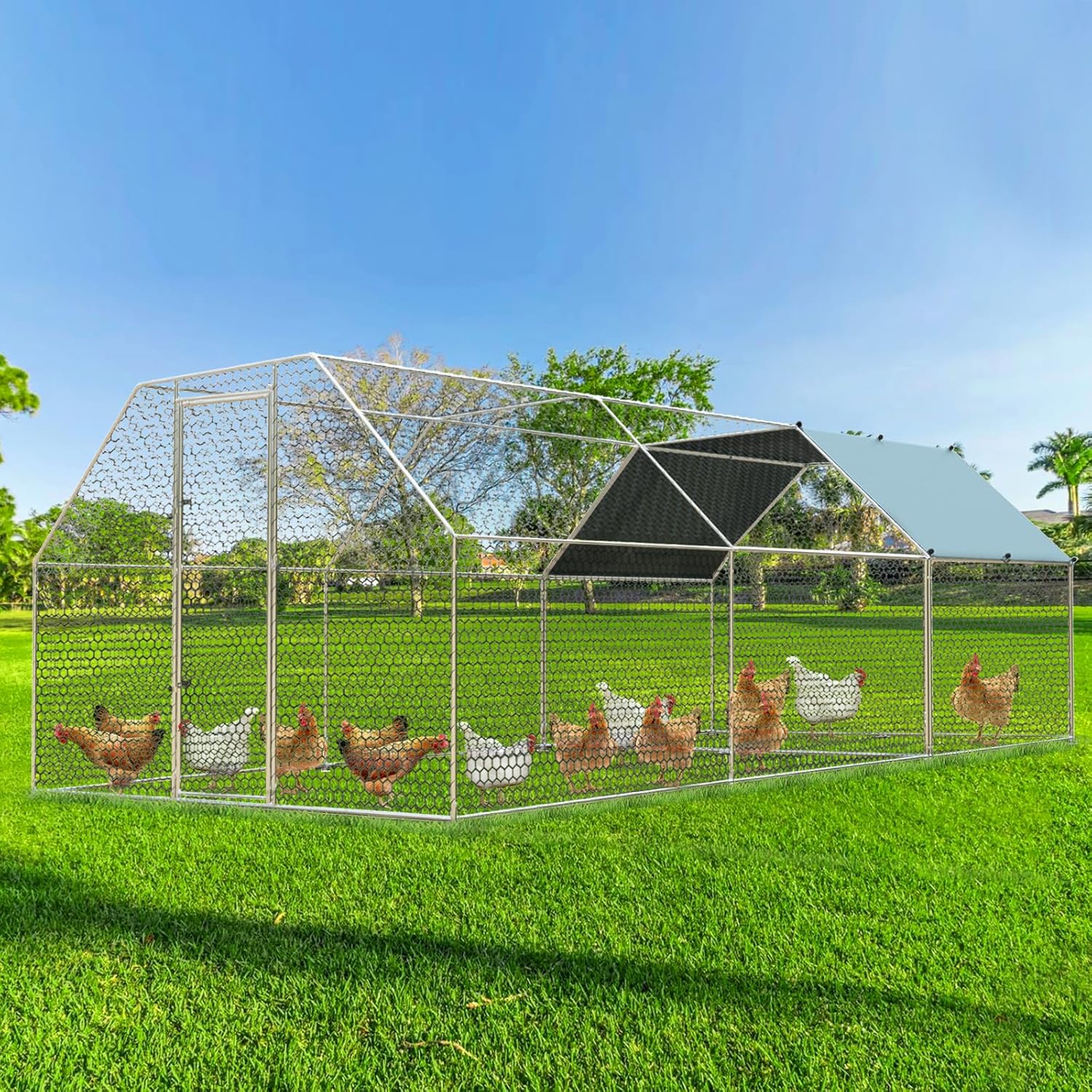 HOMBCK Large Metal Chicken Coop with Run Walk-in Poultry Cage, Spire Roofed Chicken Coops with Anti-Ultraviolet Cover for Outdoor Backyard Farm Use