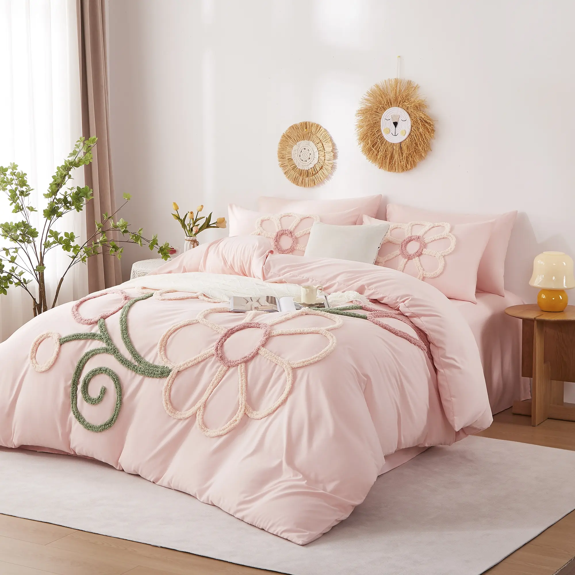 Boho Tufted Bud Pattern Microfiber Decorative Duvet Cover Bedding Set with Zipper, Without Filler, Contains 1 Duvet Cover & 1/2 Pillowcases for Home Bedroom