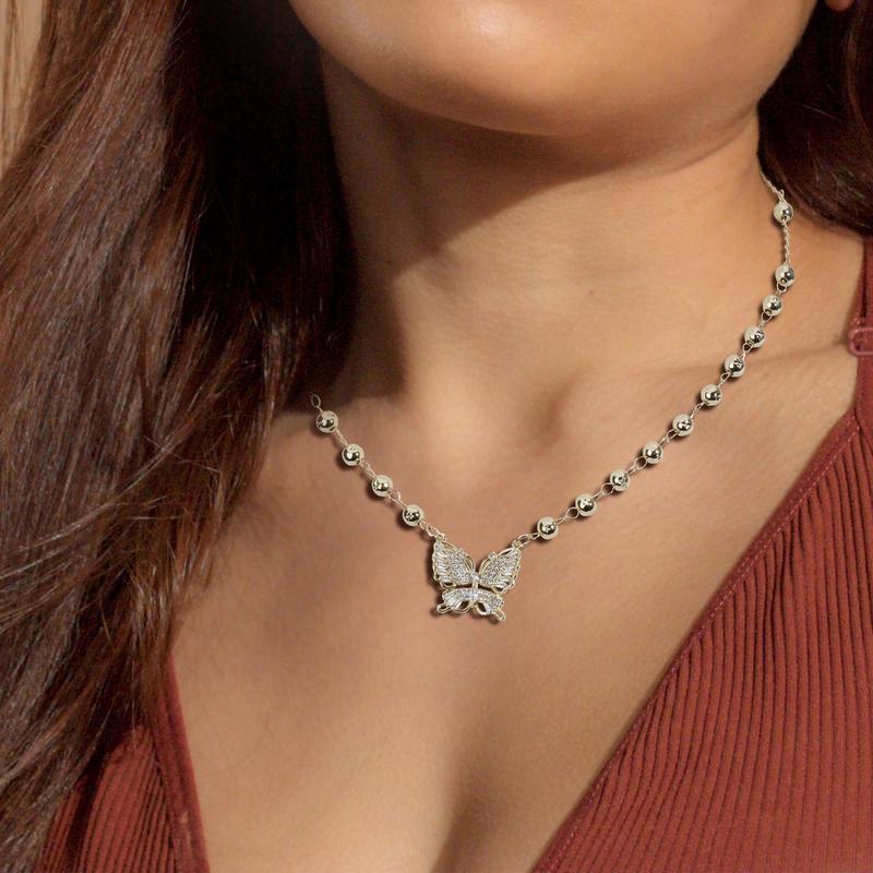 MEIITRUE 14K Gold Plated Butterfly Pendant Necklace for Women, Tri-Color Bead Rhinestone Necklace for Daily Party, Trendy Jewelry Gift