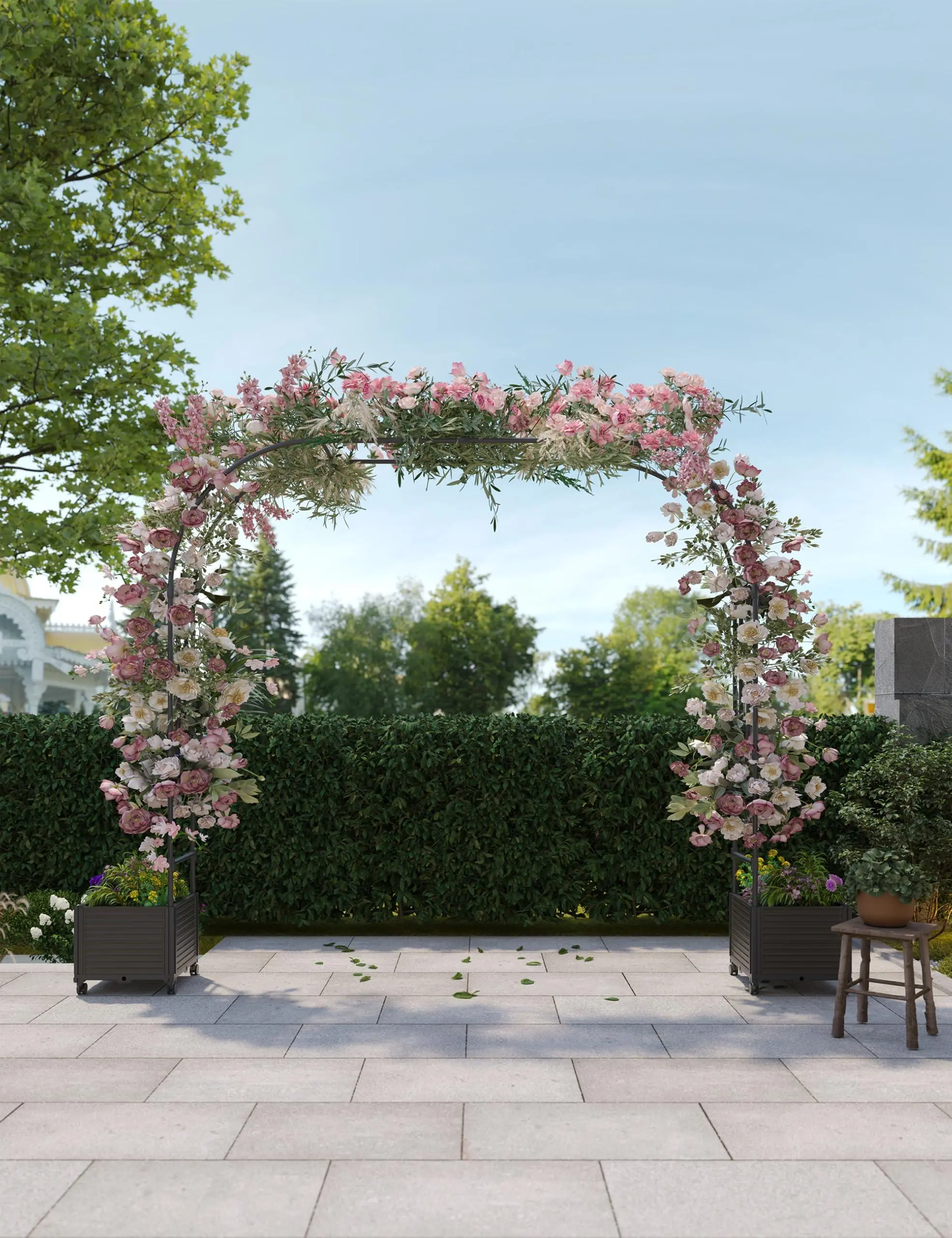 Garden Arch Arbor Trellis with Raised Planter Boxes for Climbing Plants Outdoor, Metal Arch Flowers Frame Backdrop Stand for Ceremony, Halloween, Christmas, Decorations Pergola, 86.6" Black
