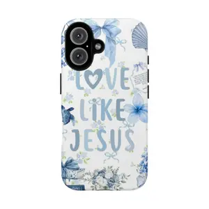 Love Like Jesus Phone Case, blue bows flowers seashell butterfly gift boxes inspirational faith uplifting spiritual aesthetic no bad vibes gift fashion vibes play now for free, iPhone 17 16 15 14 13 12 Pro Max Plus X, Galaxy S25 S24 S23 S22 S21 Ultra