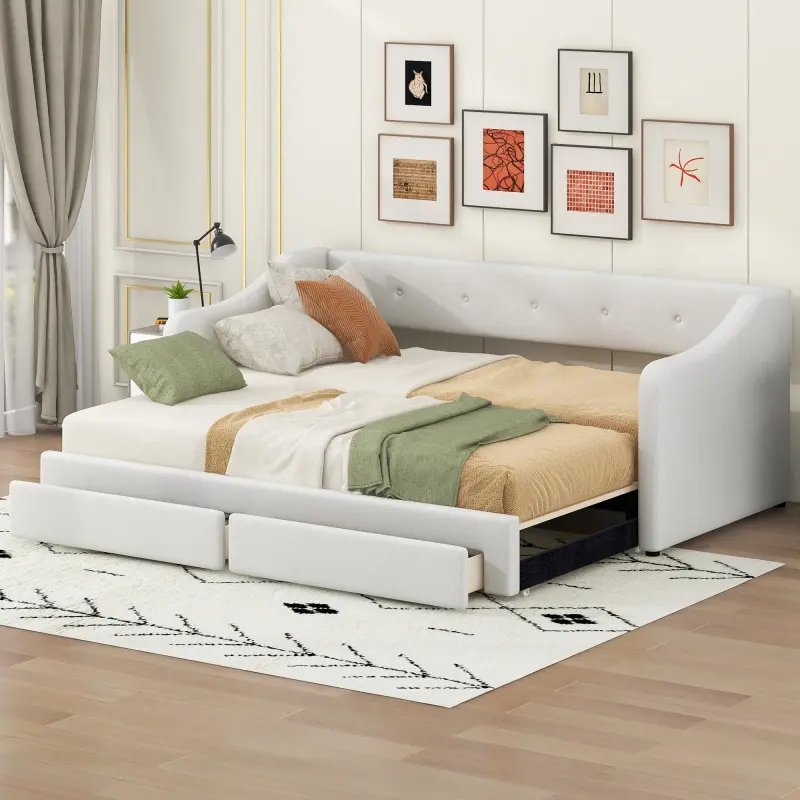 Twin XL Size Upholstered Daybed with Trundle & Storage Drawers, Linen Sofa Bed Daybed with Extended Trundle, Twin XL to King Day Bed for Bedroom, No Box Spring Needed, Beige, Office, 122Lbs