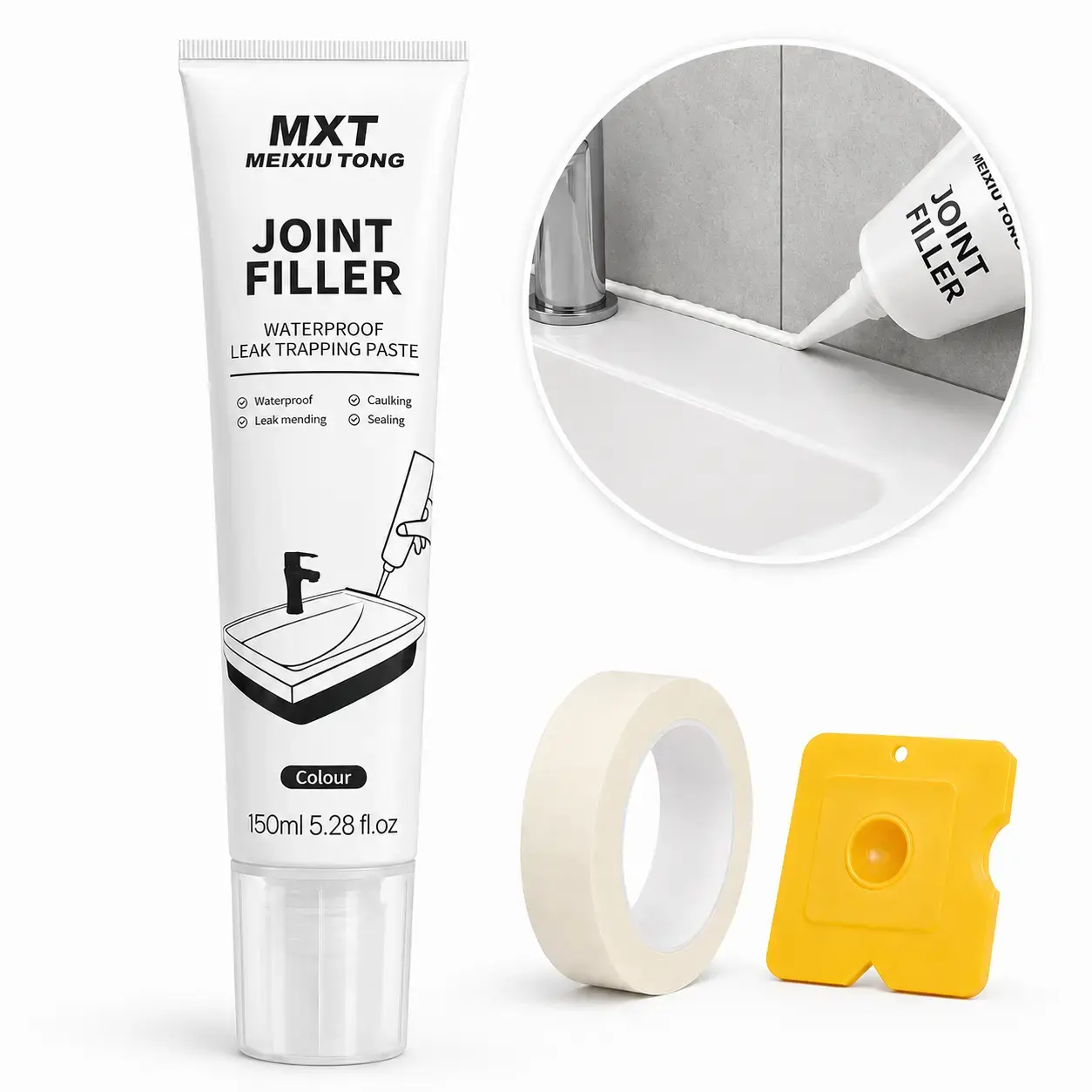 150ml Super Gap Filler Waterproof Joint Filler Paste Kit, 150ml Gap Repair Sealant for Bathroom Kitchen Sink Tile Edges, Caulk Paste with Masking Tape and Scraper