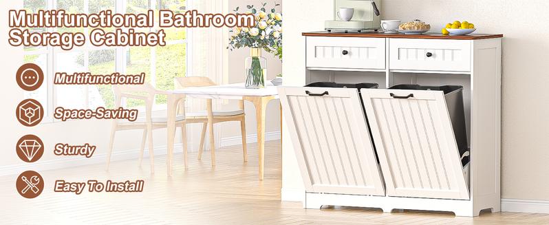 【Does Not Include Trash Can】 Dragosum Wooden Hidden Trash Can Cabinet with Double Tilt-Out Doors and Drawers | Organize Two 10 Gallon Bins in Kitchen, Living Room or Laundry Room – Space Saving Design