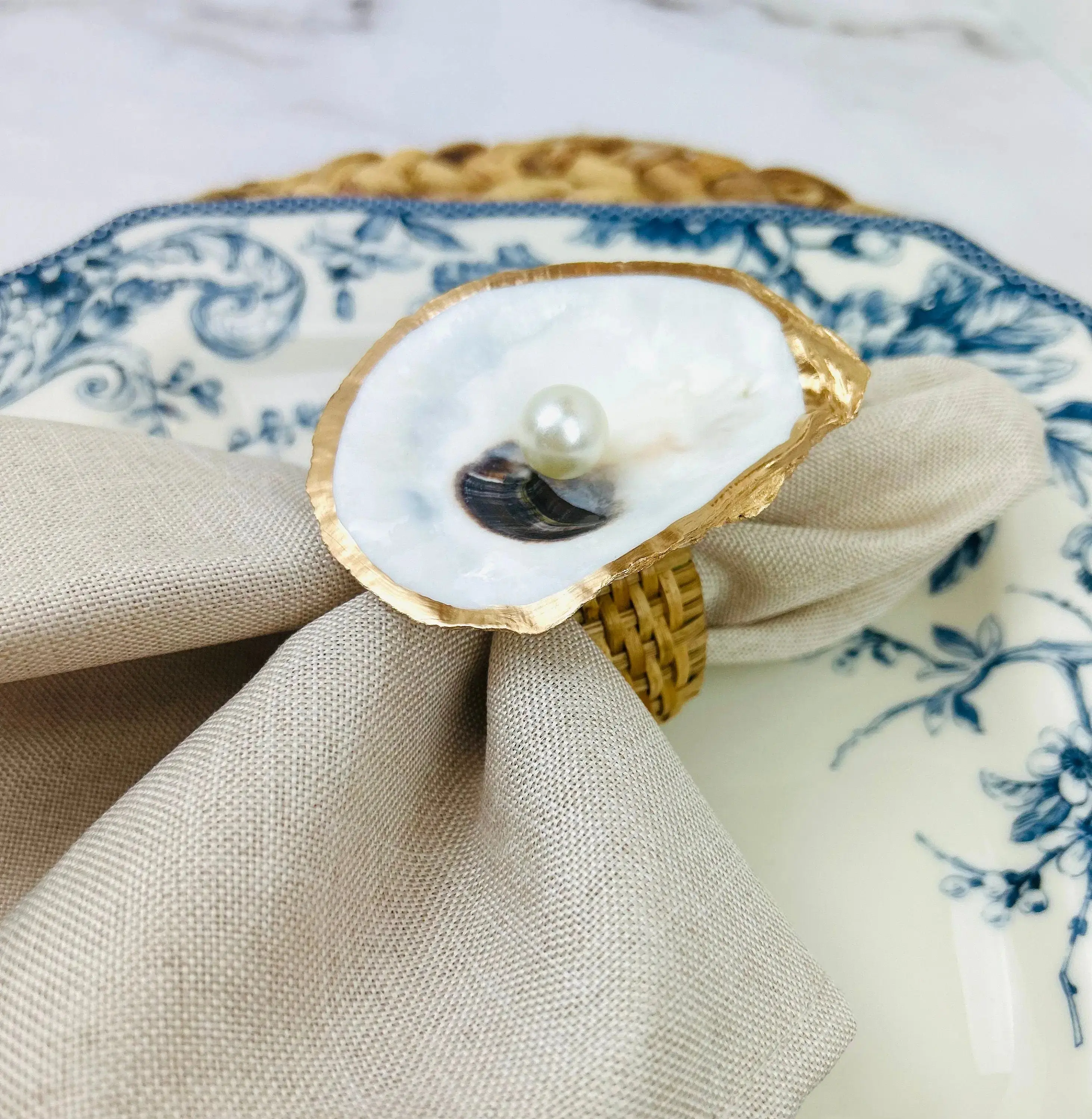 Natural Oyster Shell with Pearl Rattan Napkin Ring