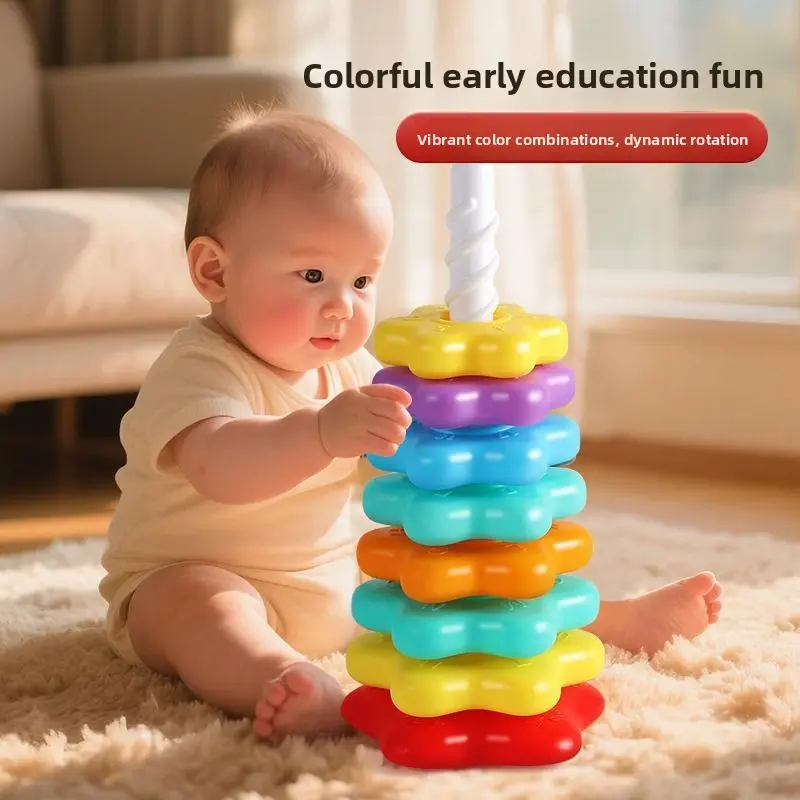 Rainbow Spinning Stacking Tower - 5-9 Layer Unisex Plastic Macaron Blocks, Vibrant Color Combinations Sensory Learning Toy with Dynamic Rotation, Hand-Eye Coordination Shape Sorter for 0-8 Years Old Kids