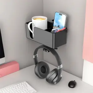 Desk Cup Holder with Headphone Hanger, Clamp-On Under Desk Rotating Headphone Holder with Detachable Pen Cup & Phone Stand – Black 4 in 1