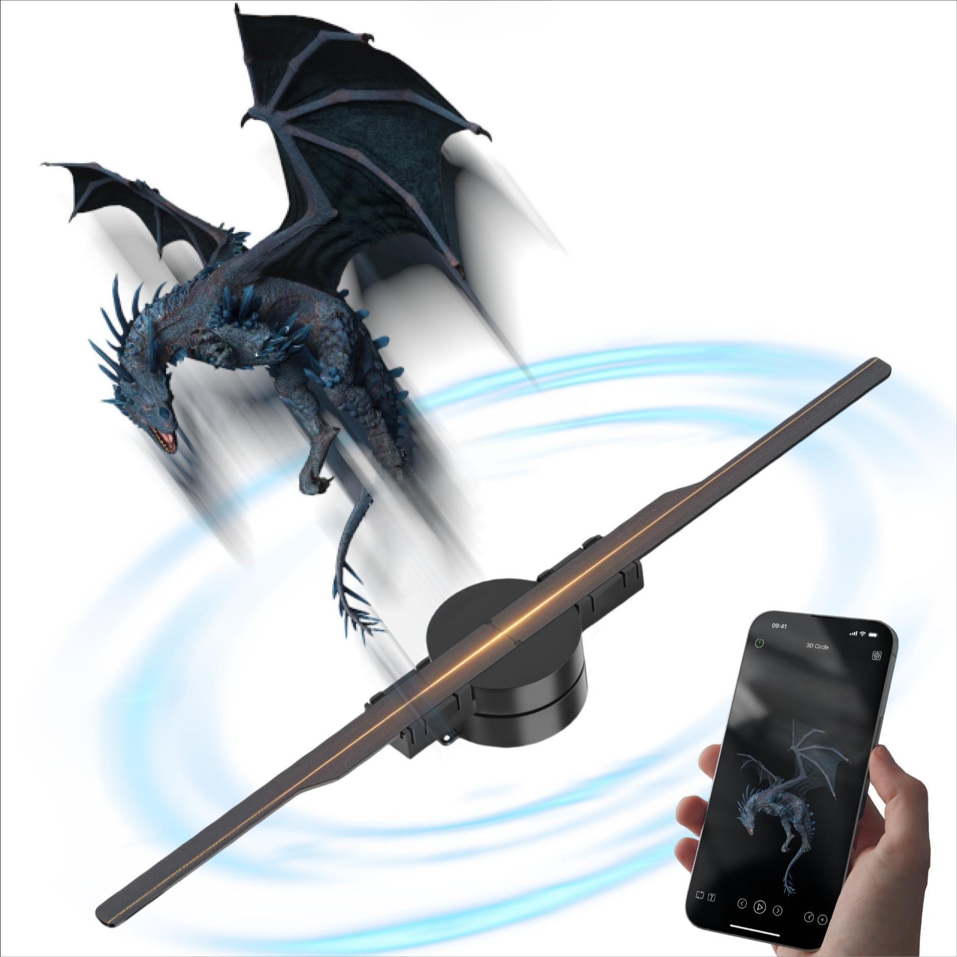 Quriov 3D Holographic Projection Fan, Dual-blade LED Display Projector with 224 RGB Lights, WiFi/APP Control Projector for Advertising, Parties, Commercial, Audio