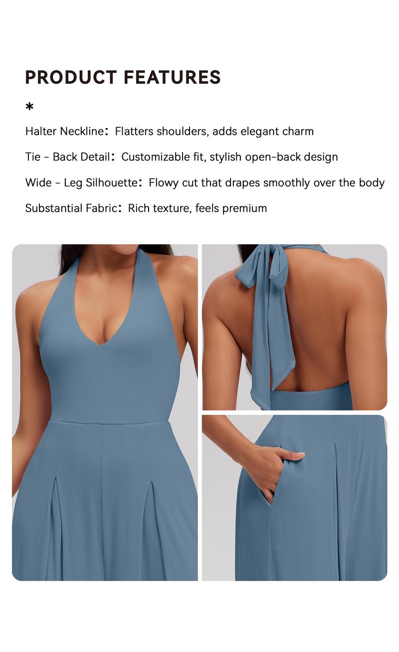 OQQ Women's Ribbed Backless One-Piece Jumpsuits - Wide Leg Sleeveless Deep V-Neck Casual Fashion Sporty Aesthetic Chic Everyday Outfit