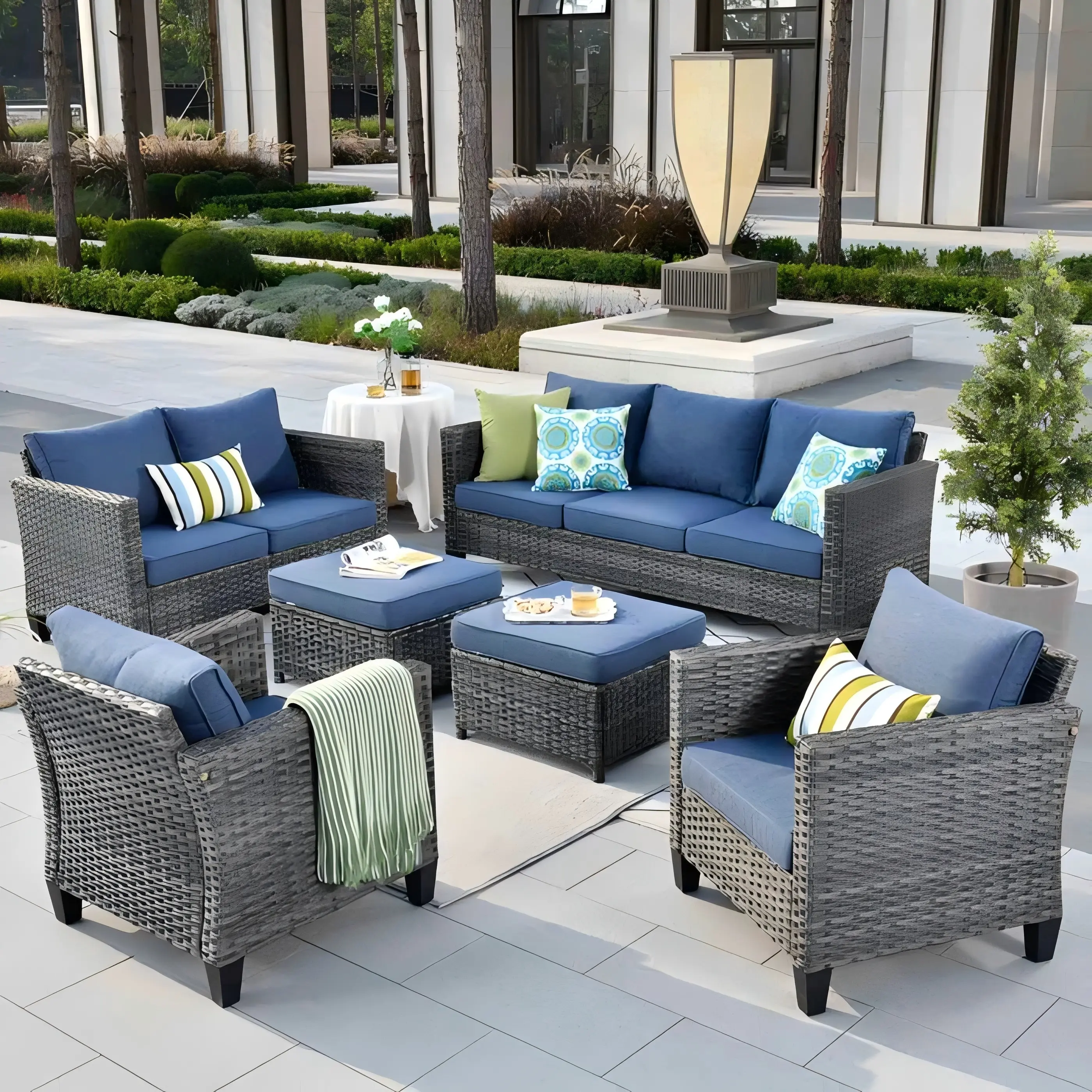 【Summerfinds】Ovios Vultros 7-Person Luxury Outdoor Patio Sectional Sofa Set with High Back Cushions, All-Weather Wicker Furniture for Backyard Patio