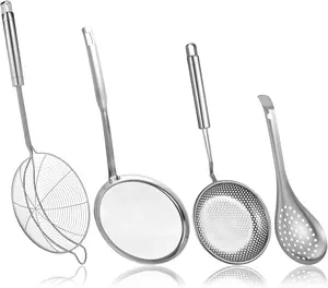 4Pcs Spider Strainer Skimmer Spoon Set, Fine Mesh Strainer and Fat Skimmer Spoon Set, Stainless Steel Metal With HoleSieve Food Strainers with Hanging Holes, for Cooking, Fat, Grease, Floating Foa