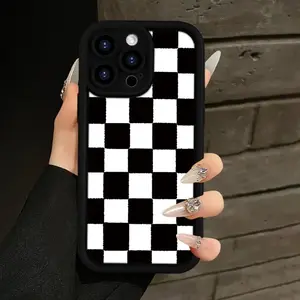 Black and white checkered design pattern phone case, compatible with iPhone 17 Pro Max, 16 Pro Max, 15 Pro, 14, 13, 12, and 11.  Shockproof and drop-resistant phone case made of durable silicone material.