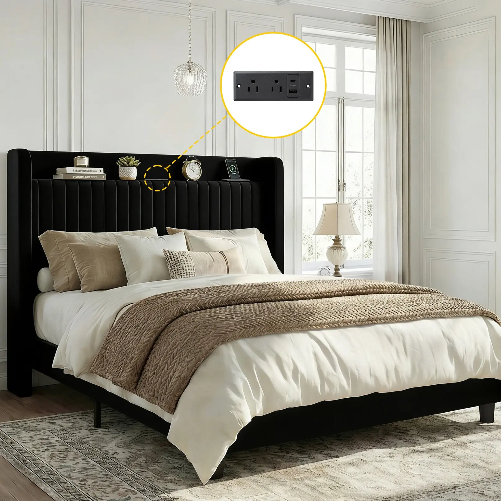 HOOMIC Full/Queen/King Platform Bed Frame with USB Ports, Upholstered Velvet Wingback Headboard, Wooden Slats, and Storage Shelf – Easy Assembly, No Box Spring Required, Black/White/Grey/Cream White#SummerVibes