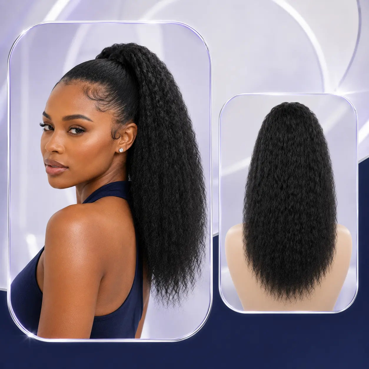 Kinky Straight Drawstring Ponytail Extension for Black Women 16inch Nautral Black Wavy Yaki Straight Ponytail Synthetic Fake Pony Tail for Daily Use(1B)