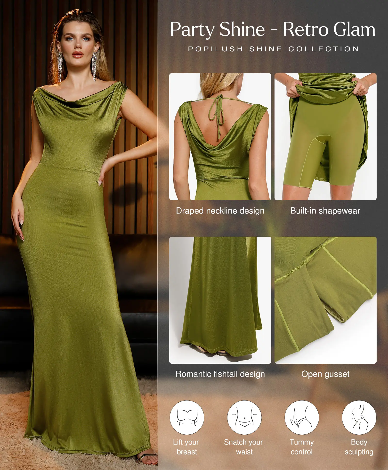 Popilush Women's Elegant Maxi Dress - Sleeveless Formal Cocktail Party Shapewear Dresses with Built-in Bra Green Style-Creator Live