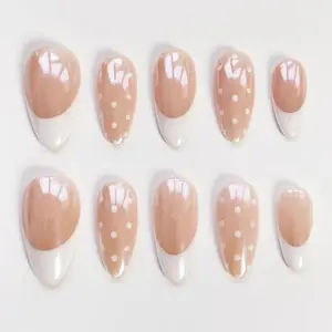 White polka dots nails/Chrome nails/White French Nails/Elegant Nails/Cute Nails/Press on nails long almond nails/Custom nails