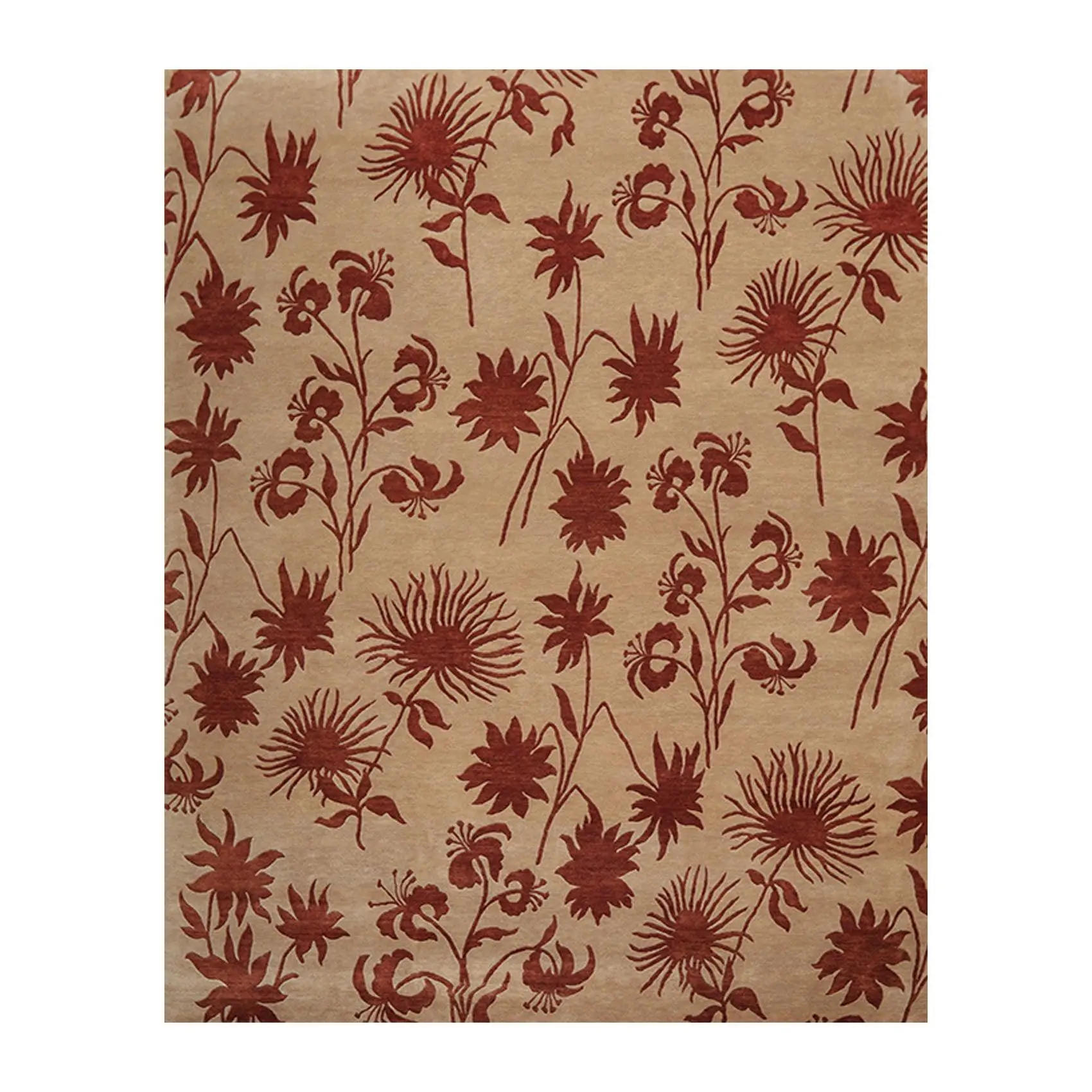 7'10" x 9'9" Hand Knotted Tibetan Wool Botanical Oriental Area Rug Tan