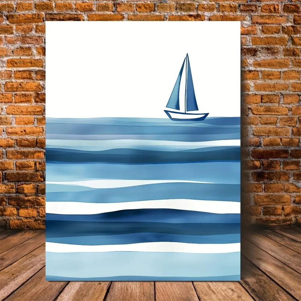1pc Minimalist Blue Sailboat Watercolor Print, 11.8x15.7inch Framed Seascape Wall Art - Nautical Nursery Decor, Ocean-Inspired Canvas with Wavy Lines & Boat Illustration for Home & Classroom, Nautical Decor, Nautical Wall Art |   Serene Seascape	