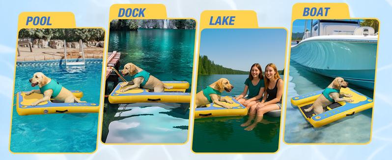 WARMOUNTS Inflatable Dog Water Ramp, Floating Dock Platform for Big Dogs (Up to 220 LBs) with Ladder, Ropes, Non-Slip Pad, High Visibility Dogs Safety Ramp for Pool, River, Boat