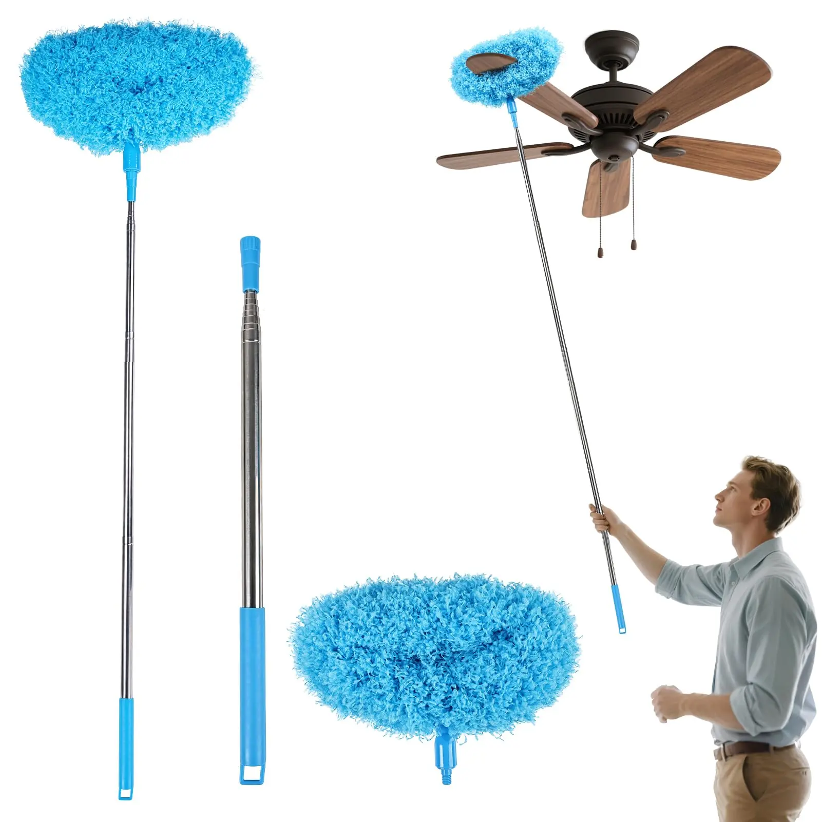 Ceiling Fan Cleaner Duster Reusable Microfiber Removable Extendable Duster with  Telescoping Pole for Cleaning Walls Furniture Door Window Top (Blue)