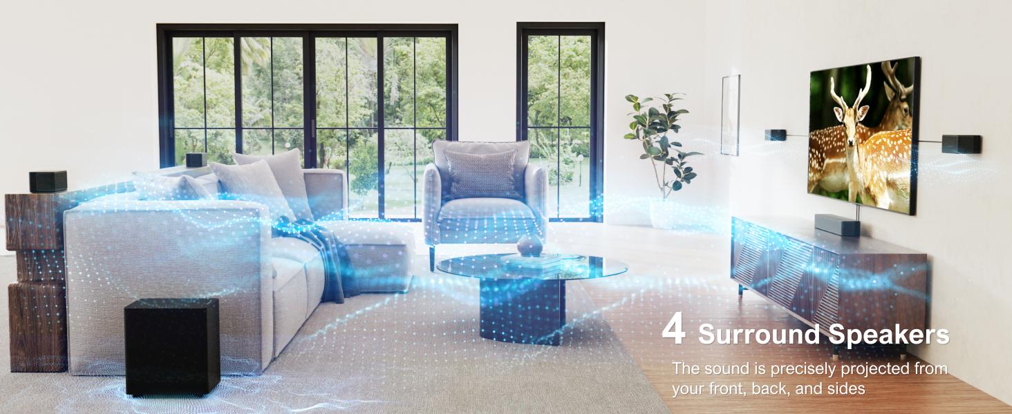 ULTIMEA Poseidon D70 7.1ch Soundbar with Wireless 6.5" Subwoofer, Surround Sound System for TV, App Control, 410W Peak Power, Soundbar for TV, Movie, Music, 4 Wired Surround Speakers, Bassx, Home Theater Sound System, Bluetooth, HDMI, AUX, APP Control