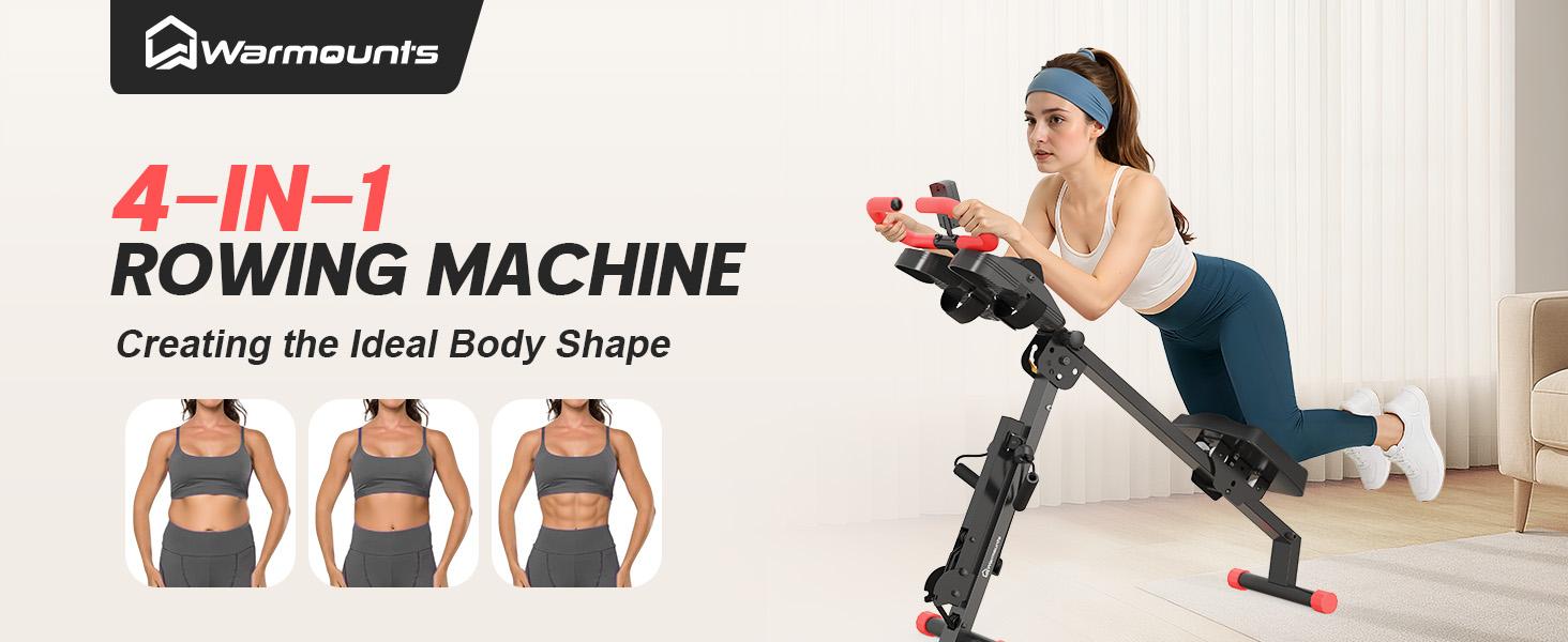 WARMOUNTS Rowing Machine, 4 in 1 Adjustable Ab Machine with 4 Levels and 4 Heights, Foldable Rowing Machine for Home Gym with LCD Display, 266lbs Weight Capacity