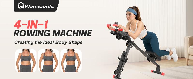 WARMOUNTS Rowing Machine, 4 in 1 Adjustable Ab Machine with 4 Levels and 4 Heights, Foldable Rowing Machine for Home Gym with LCD Display, 266lbs Weight Capacity