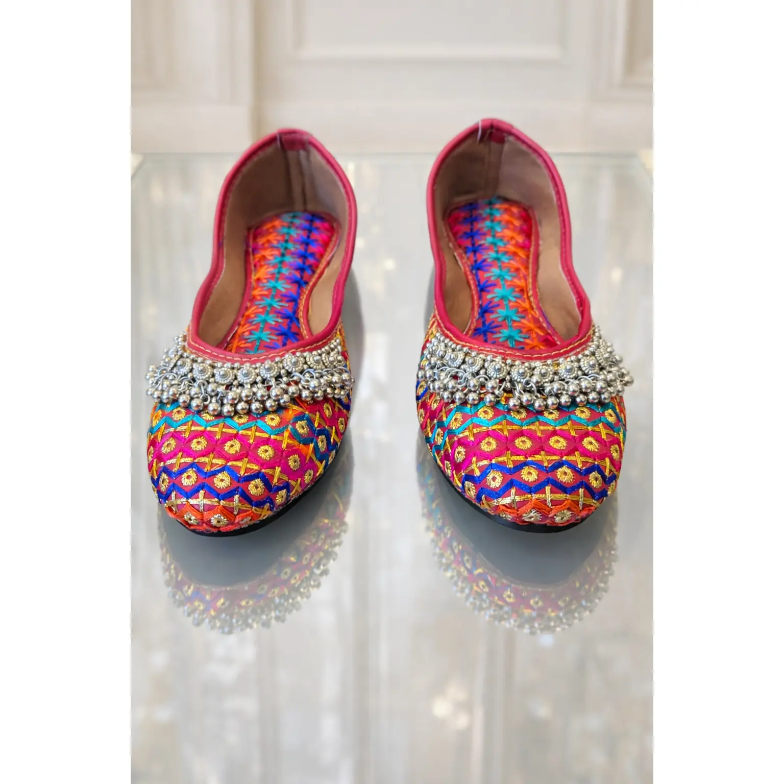 Punjabi Jutti for Women – Multi-Colored Thread Work with Ghungroo | Traditional Indian Ethnic Flat