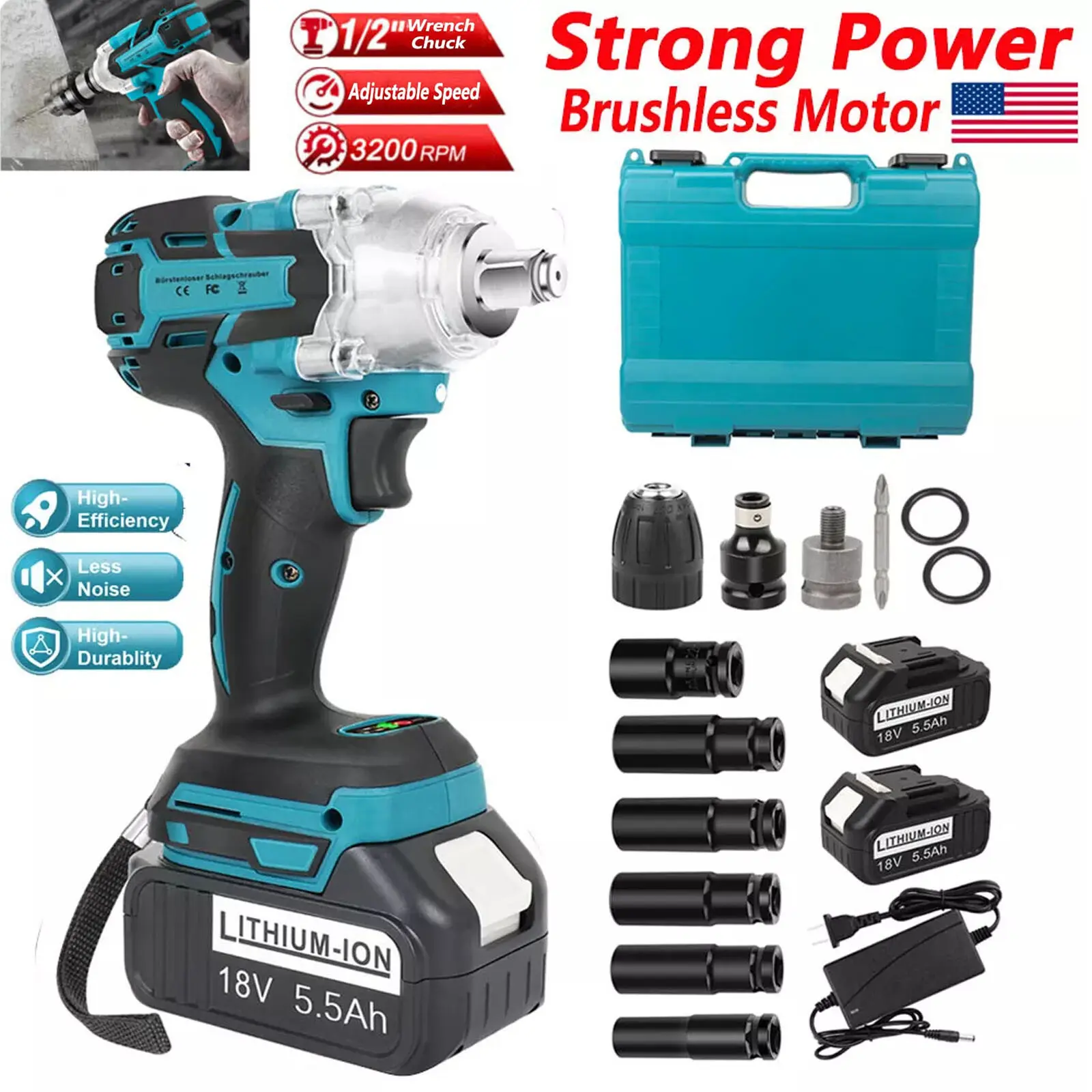 Professional 1/2 Inch Cordless Impact Wrench High Torque Electric Power Tool with Li-ion Battery for Automotive Repair Tire Changing DIY Projects