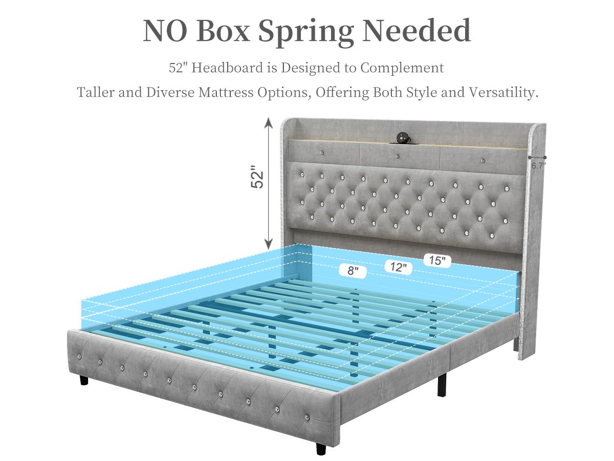 Queen Led Bed Frame with Galaxy Aurora Star Projector, Queen Platform Bed with Charging Station, 52" Upholstered Hidden Storage Headboard with Wingback, Noise Free, No Box Spring Needed, Velvet Grey