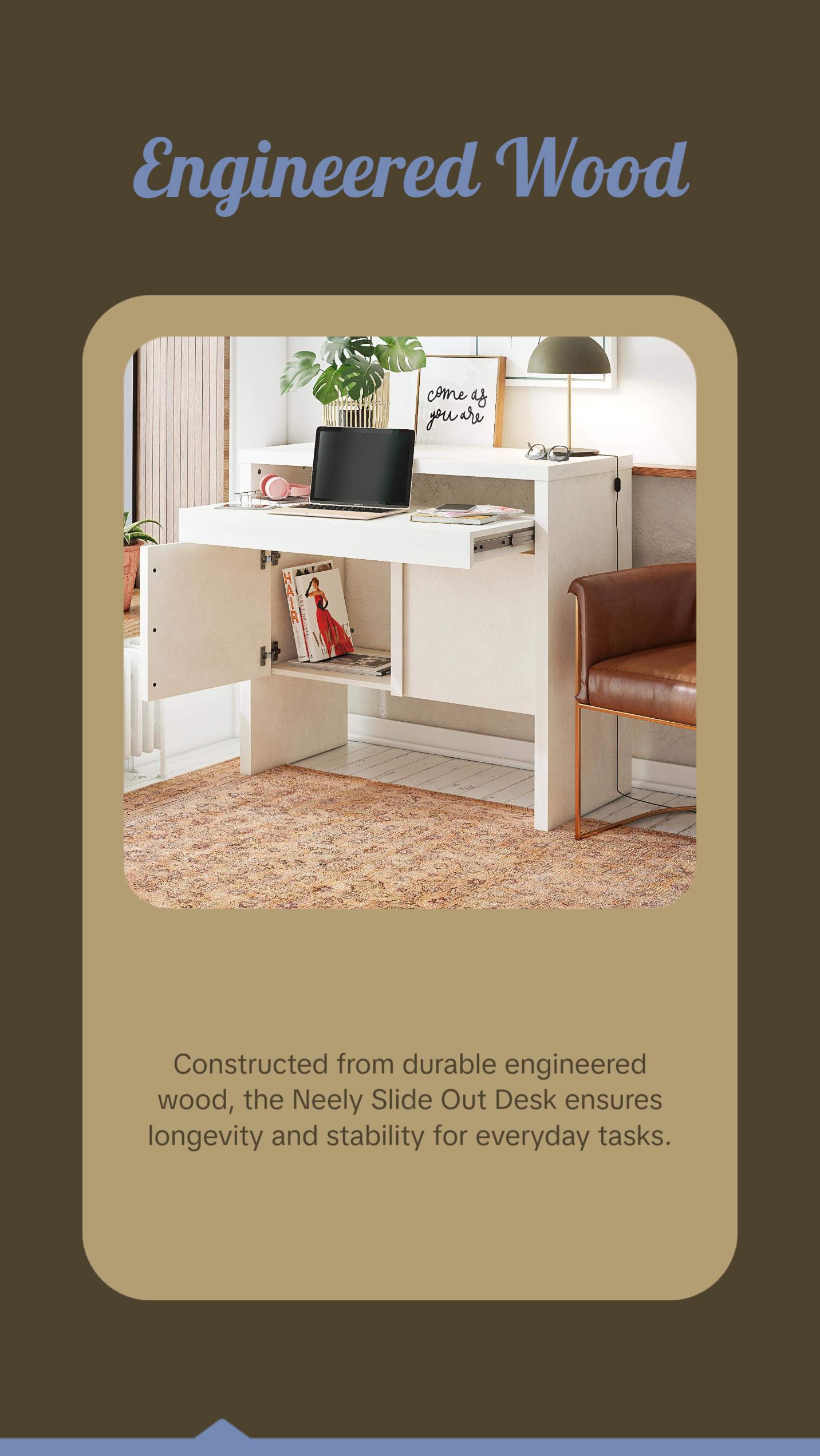 Neely Slide Out Desk by Mr. Kate - Textured White Plaster and Natural Wood Tones - Multipurpose Slide-Out Desktop and Hidden Storage