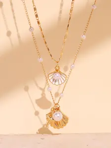 2pcs/Set Elegant Luxury Design Fashionable Beach Shell, Starfish & Pearl Pendant Necklace, Suitable For Daily Commute, Beach Vacation Wear