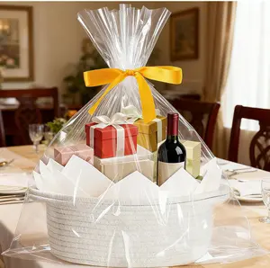 Durable gift basket, baby toy storage basket with handles, decorative storage box for party events. Small woven wicker basket with gift bag and ribbon, empty small rope woven storage basket, dimensions: 13"X 8" X 6"