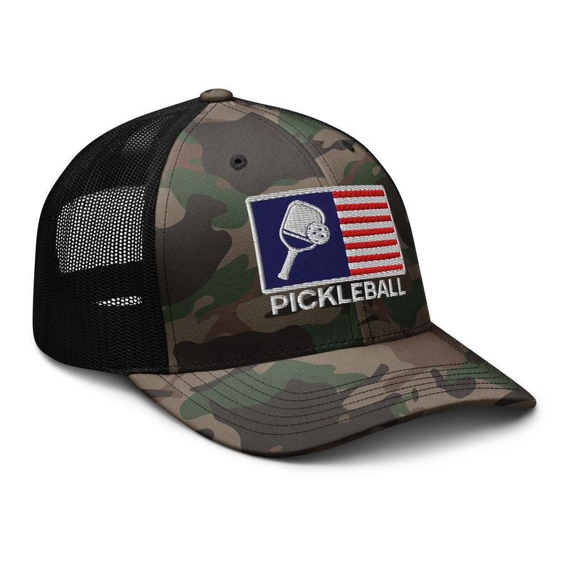 NX Camo US Flag Pickleball Player Embroidered Curved Bill Camouflage Trucker Hat Low Crown Adjustable Paddleball Lover Cap