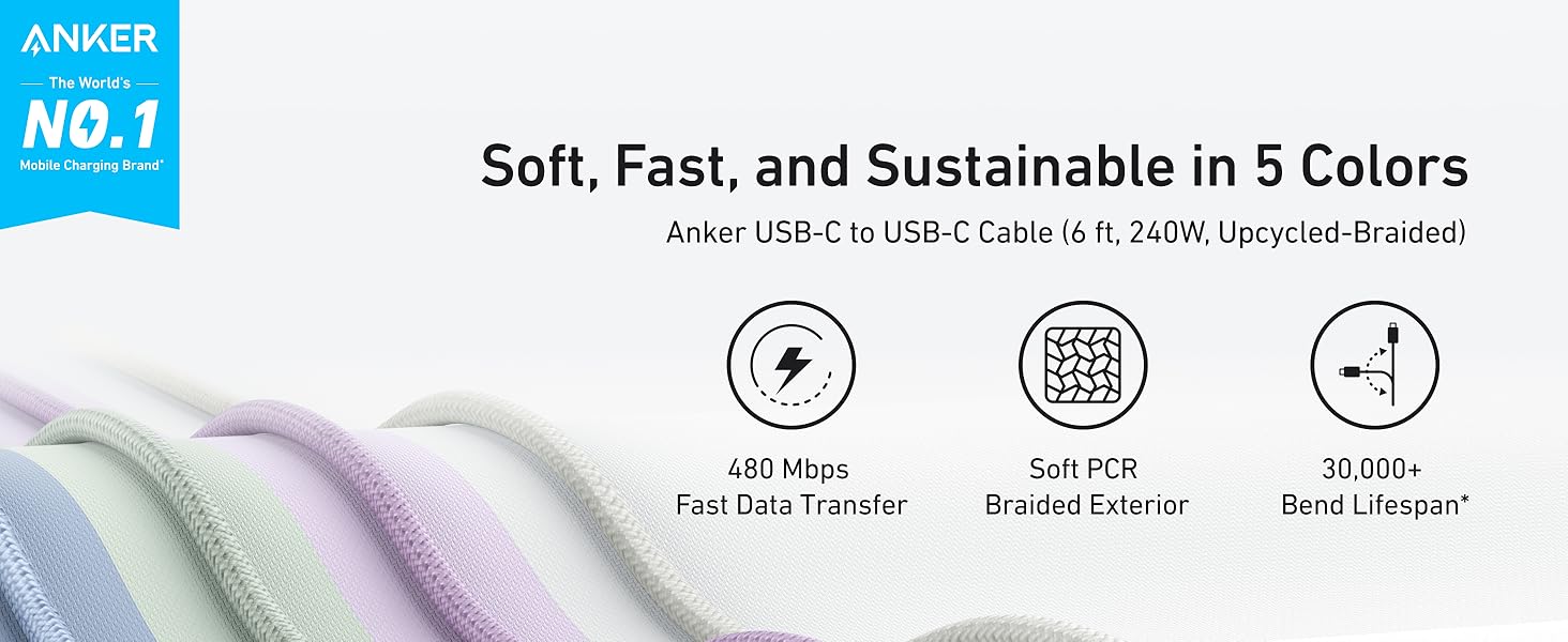 Anker Nano USB-C Cable, 240W Multi-Color Flexible Braided Cord, For iPhone 16 Series, MacBook Pro, iPad Pro, Galaxy S24, and More