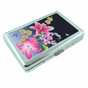 Pink Lily Stargazer Floral Butterfly Metal Silver Case Wallet