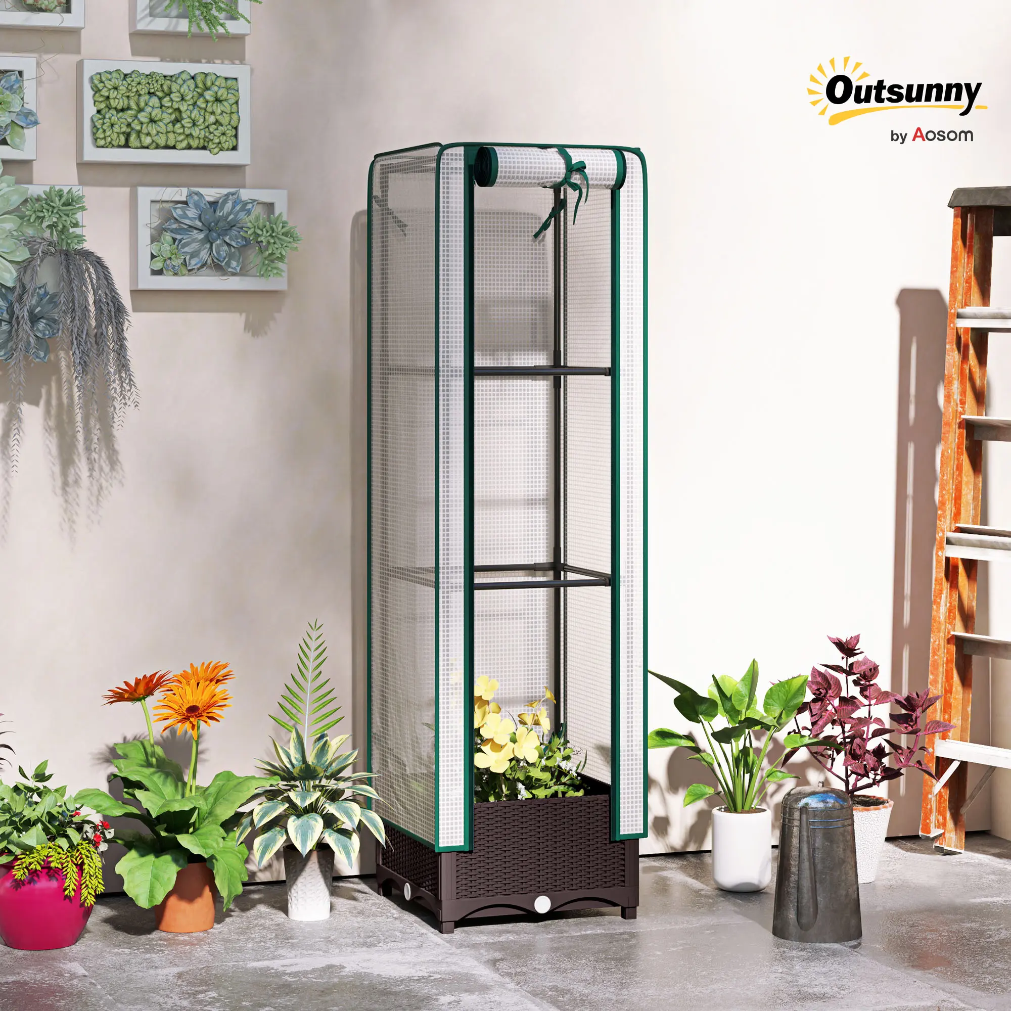 Outsunny Brown Plastic Raised Garden Bed with Trellis, PE Greenhouse Cover, Drain Holes, Zipper Door, Outdoor Planter Box for Climbing Plants & Herbs, 15.7x15.7x48.8in, Raised Bed