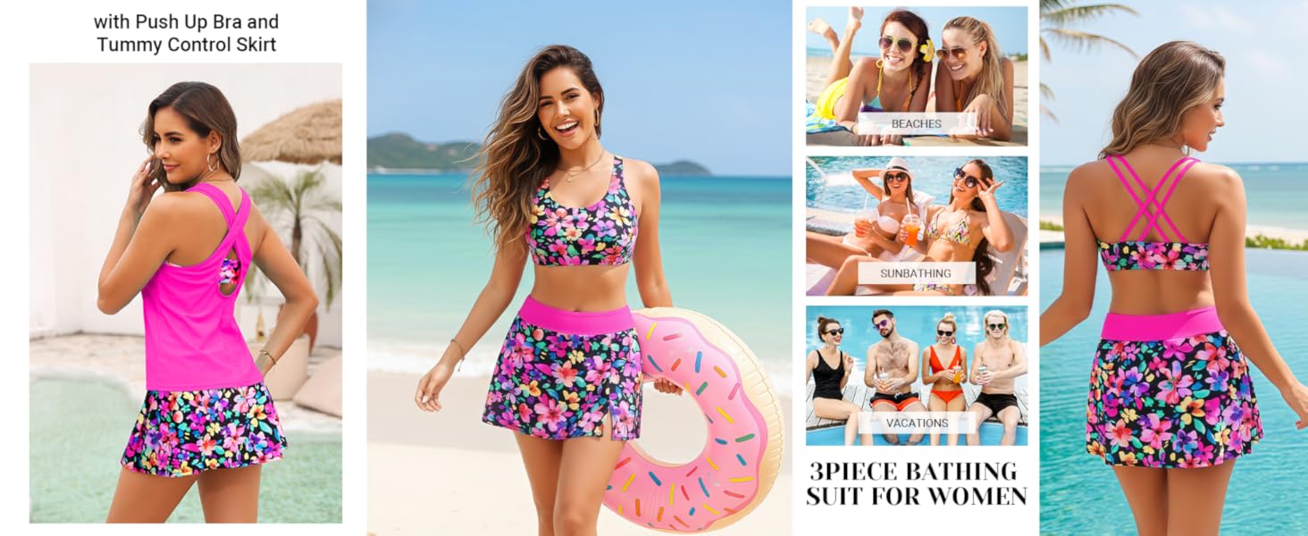 Daci Womens Three Piece Tankini Swimsuits with Skirt - Tummy Control Bathing Suit Swim Tank Top Sport Bra Athletic Swimwear