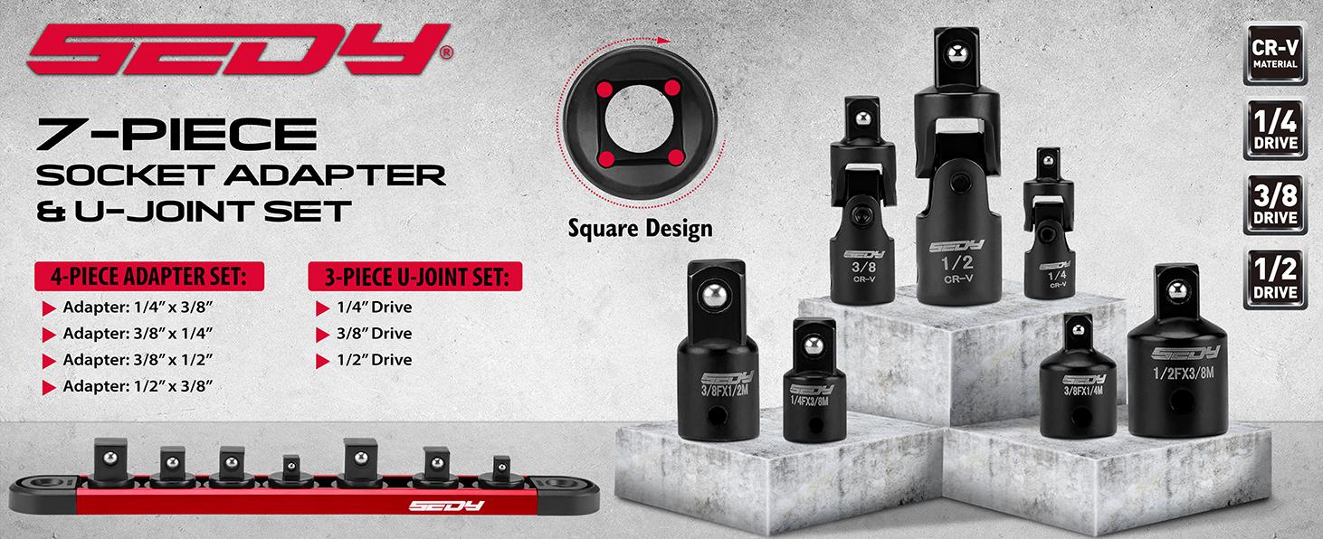 Universal Joint Socket Reducer Set: 7-Piece Impact Wobble U Joint & Adapter Set with Magnetic Aluminum Storage Rail Premium Cr-V Steel 1/4", 3/8" & 1/2" Drive U Joint and Adapter Set Universal Joint Socket Reducer Set: 7-Piece Impact Wobble U Joint & Adapter Set with Magnetic Aluminum Storage Rail Premium Cr-V Steel 1/4", 3/8" & 1/2" Drive U Joint and Adapter Set