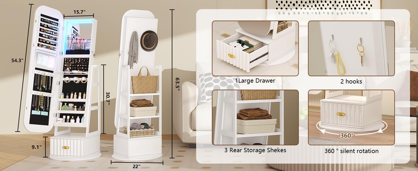 Miuvanity 3-in-1 360 Swivel Jewelry Cabinet with LED Light，Lockable Jewelry Mirror Cabinet，Standing Jewelry Armoire，Frameless Full-Length Mirror，3 Storage Shelves Gift Idea Decor，Mirror with storage