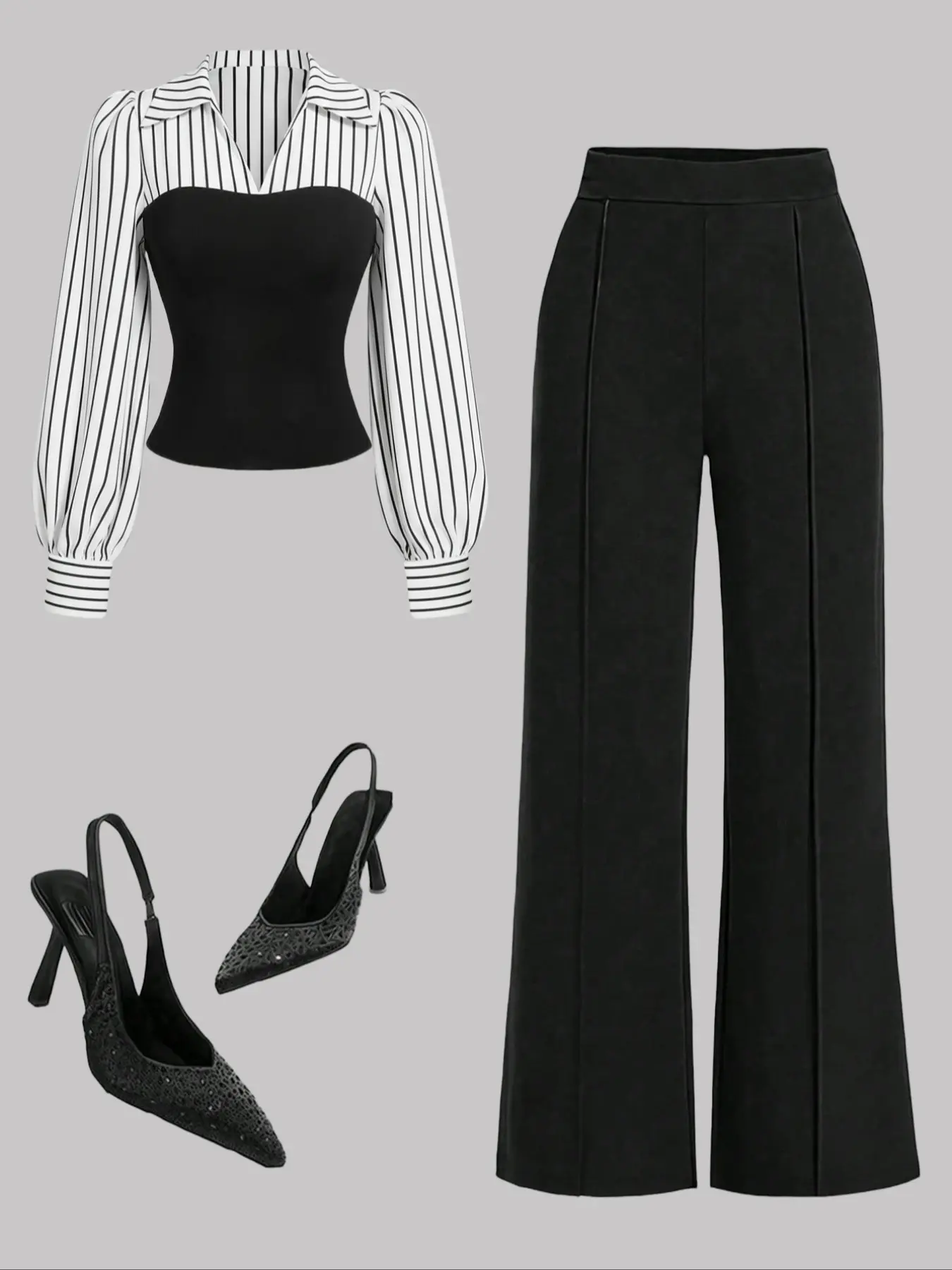 Women's Fall New Simple Style Chic Bubble Sleeve Lapel Striped Colorblock Fitted Top Elastic Waist Loose Long Pants Set