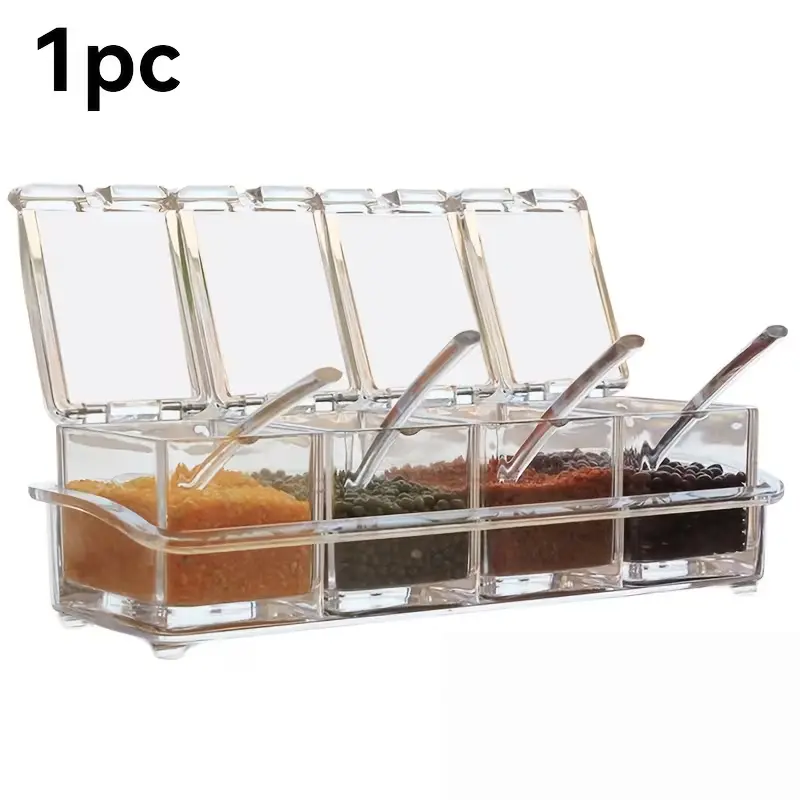4pcs Clear Spice Jar Set with Serving Spoons And Tray - Durable, Sealed Food Grade PS Containers for Salt, Sugar, Pepper And More - Perfect for Kitchen Organization