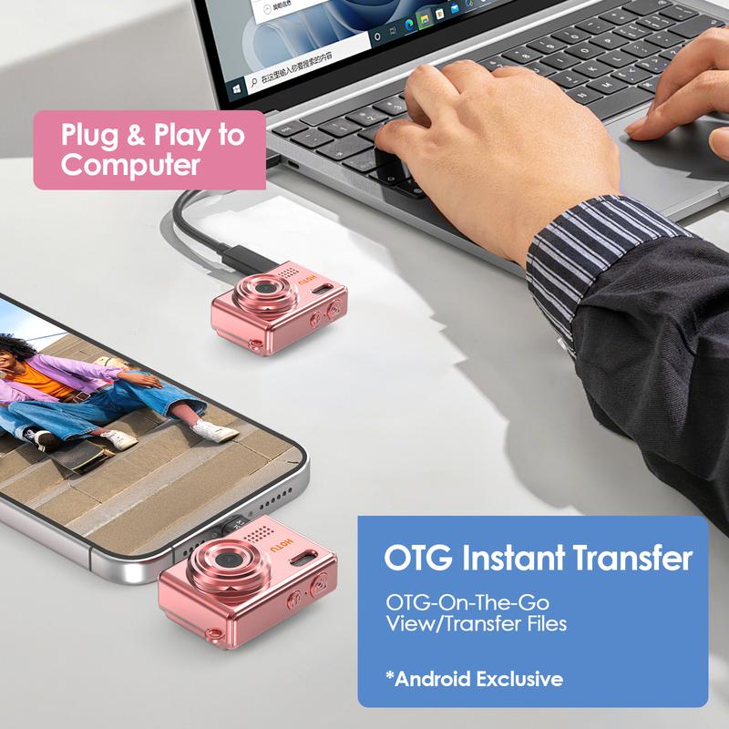 【Valentine's Day gift】HOTU Mini Keychain Digital Camera – Y2K Pocket-Size Camera 1080P HD with 1MP Lens, Flash & 0.96" Screen, 32G Card & Charging Cable Included, Retro Vlog Camera for Travel, Concerts, Kids & Instant Party, Sparkling Rose Gold