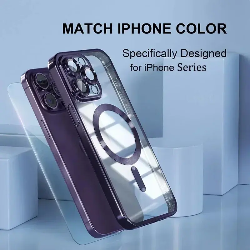 Luxury Plated Plastic MagSafe Smartphone Cover for iPhone 17 Air/17/16/15/14/13/12/11 Pro Max Plus, Multi-Model Fit, HD Camera Protection, Magnetic Wireless Charging, Shockproof, Full Coverage Black Casing, Screen Protector, Handheld Device Accessories, M