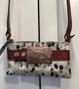 Genuine cowhide & tooled leather small shoulder bag with buckle strap